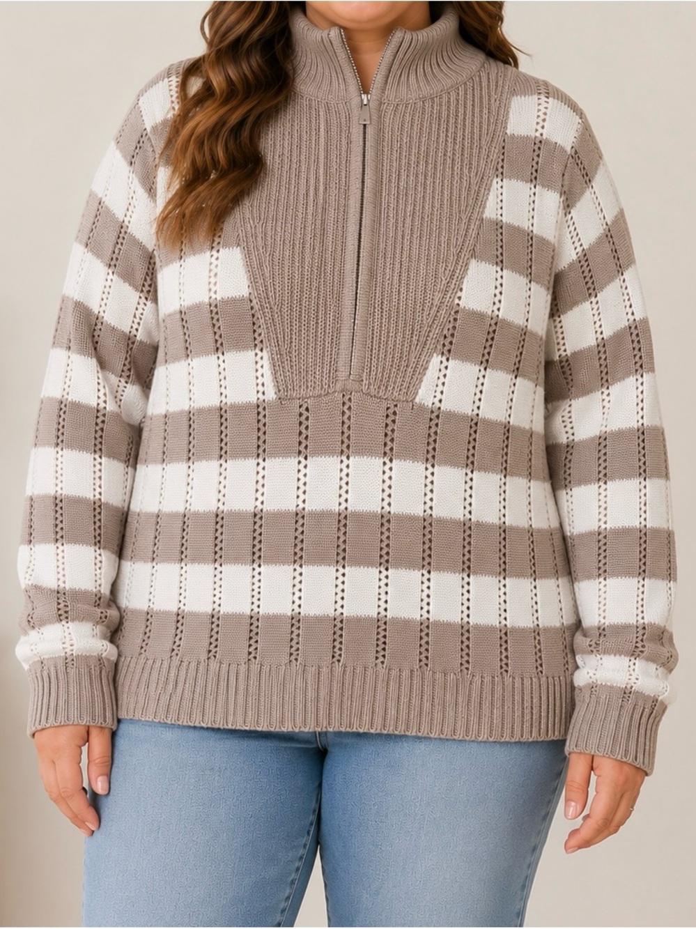 a new day Taupe and White Striped Half-Zip Pullover Size 3X Sweater